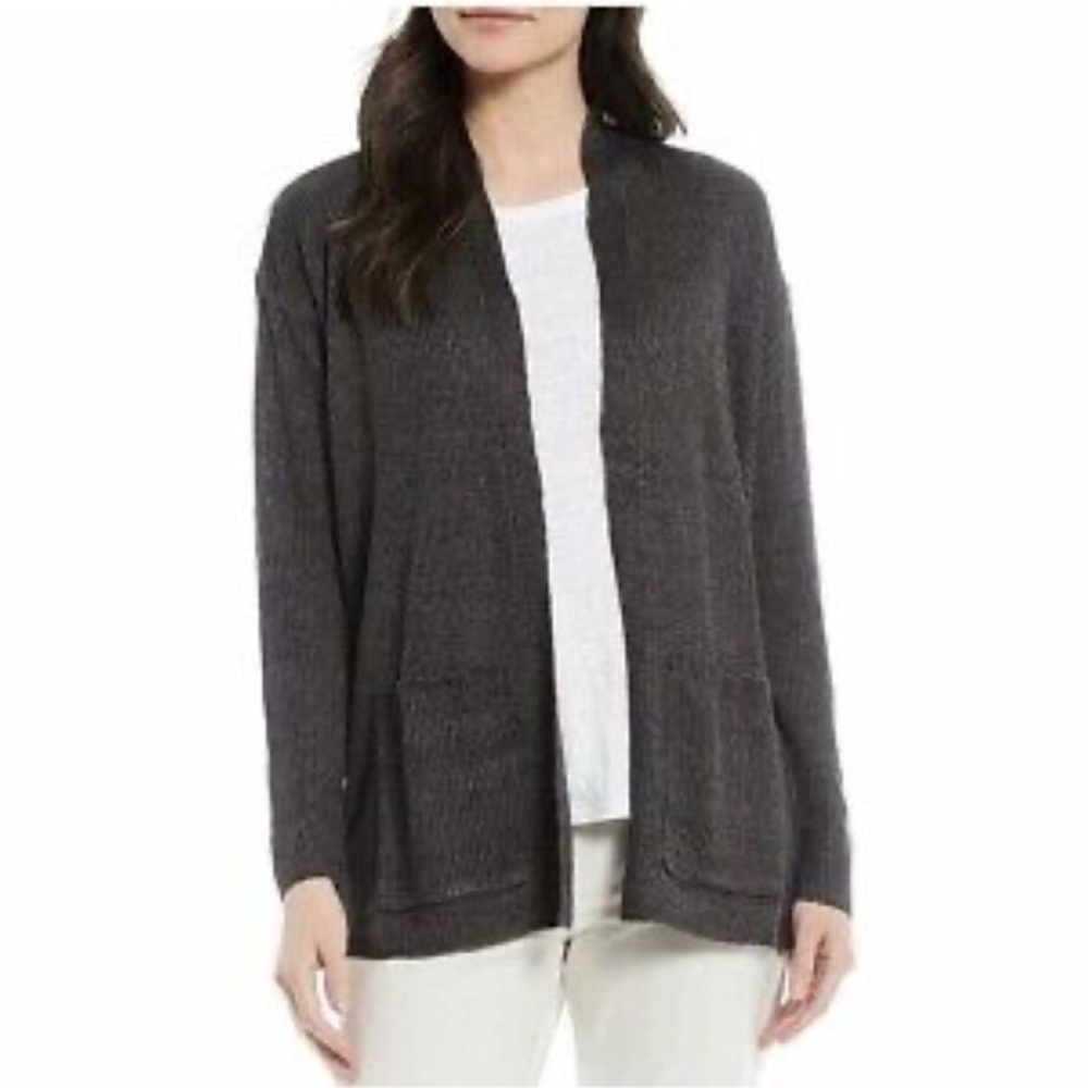 Eileen Fisher Dark Gray Ribbed Longline Knit Cardigan Organic Linen Size Medium